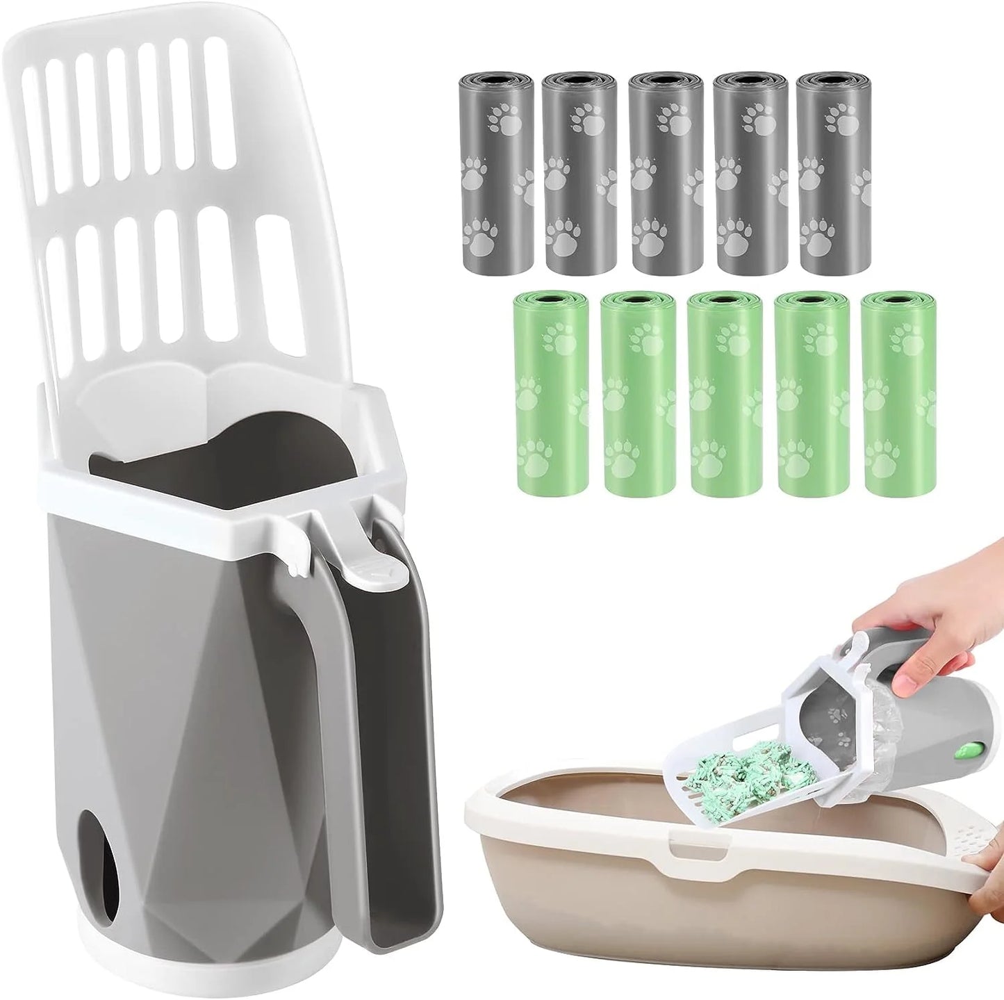 3-In-1 Cat Litter Scoop with Holdor - Large Portable Integrated Cat Litter Scooper with 200 Refill Bags Kitty Litter Scoop Shovel for 1~2 Cats or Kitten (Yellow)